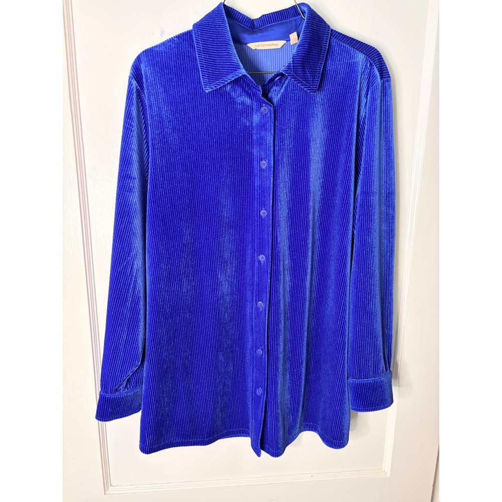 Soft Surroundings Royal Blue Ribbed Velvet Button Down Shirt PXL 3FP50 Cobalt